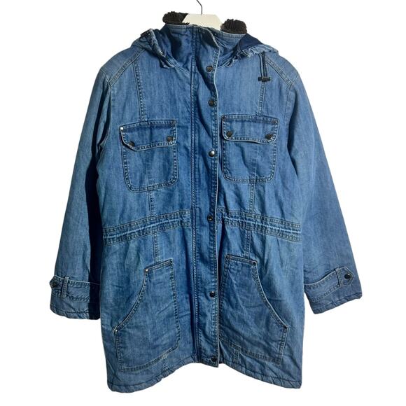 North Style Jacket Women M Blue Denim Quilted Hood Chore Jacket Sherpa Pocket - Picture 2 of 14